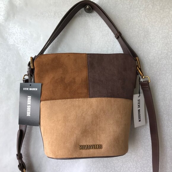Steve Madden Cognac Multi BCLARAA Bucket Bag Faux Suede Brown - Picture 1 of 9